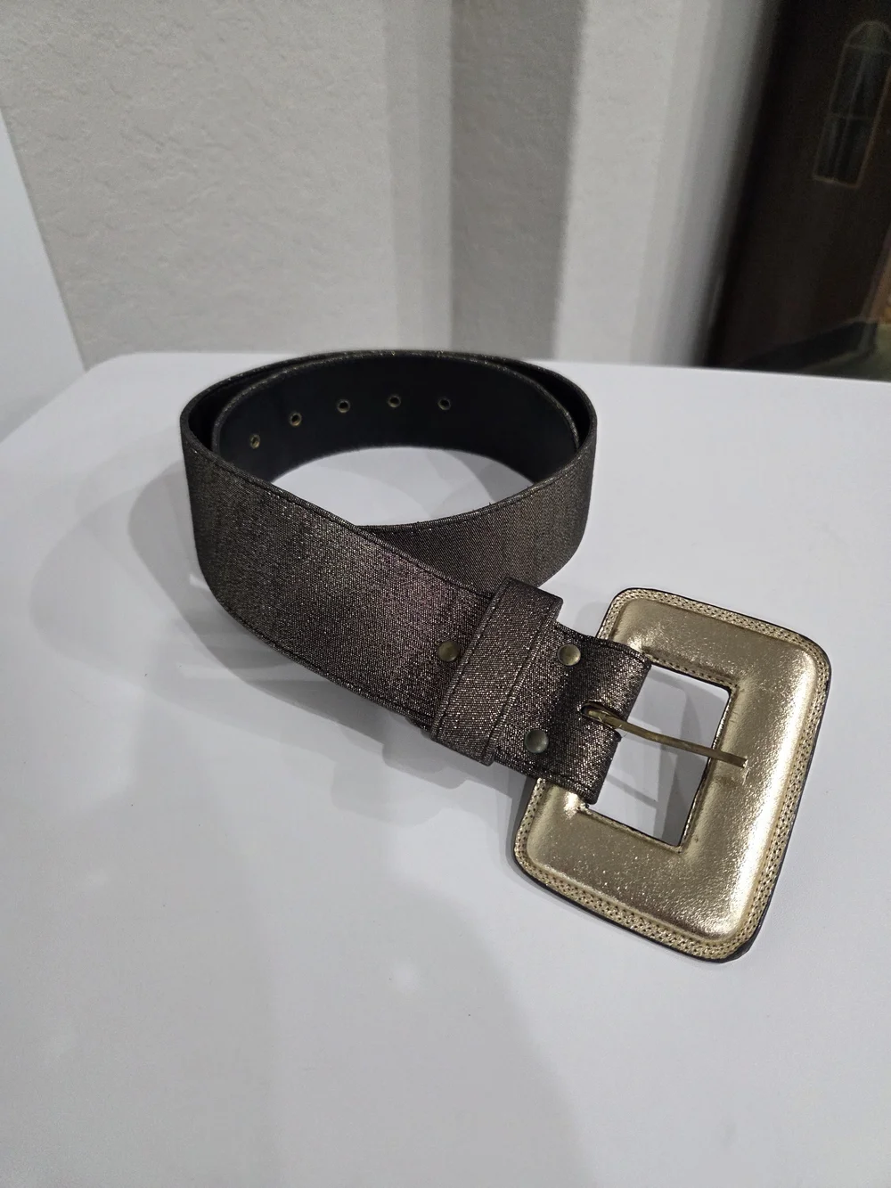 Women's Pewter Metallic Wide Waist  Belt with Square Buckle Size Medium